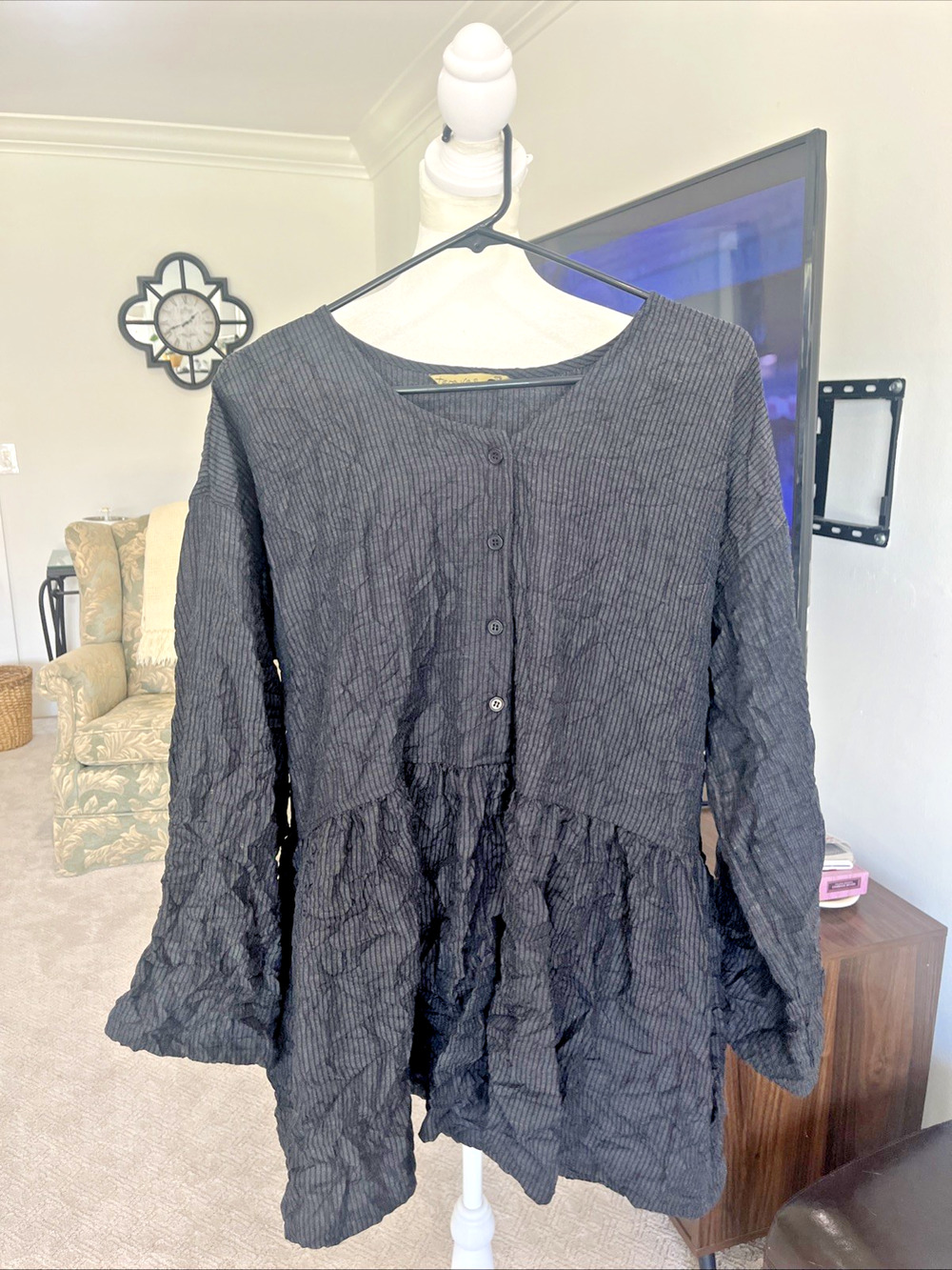 Tara Vao 2XL Baby Doll Tunic Top Long Sleeve Button Front Grey Black Lagenlook